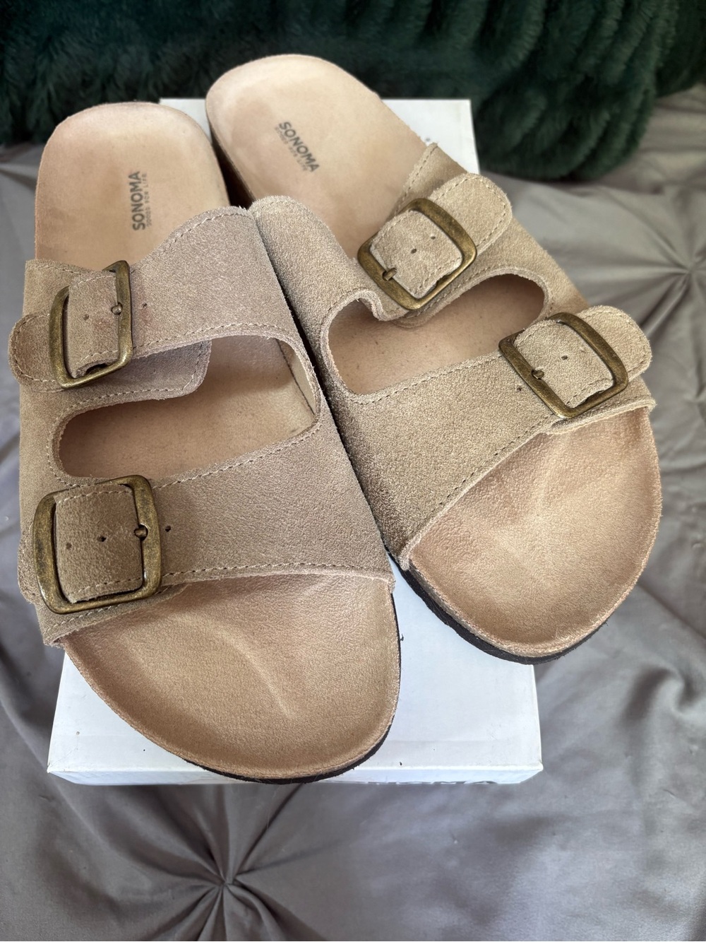 Kohl's Taupe Suede Double-Buckle Slide Sandals
